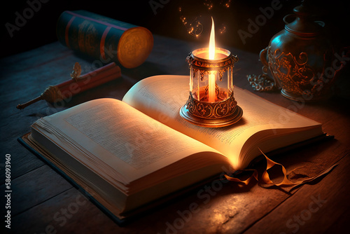 Burning candle on a book in a dark room, ancient magical knowledge. Generative AI.