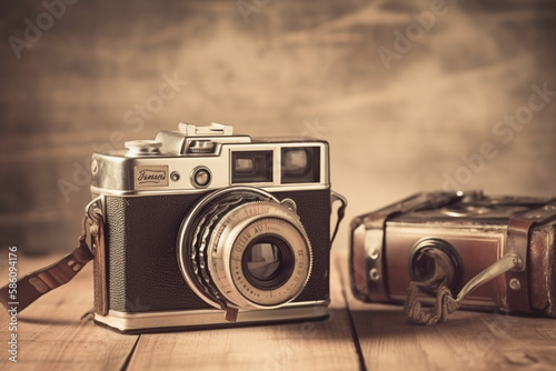 Old retro camera on vintage background. 90's concepts. Vintage style filtered photo.