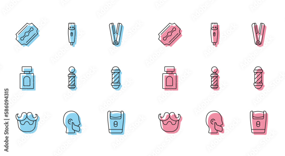 Set line Mustache and beard, Blade razor, Electric blade, Classic Barber shop pole, Aftershave and Hair clipper icon. Vector Set line Mustache and beard, Blade razor, Electric blade, Classic Barber shop pole, Aftershave and Hair clipper icon. Vector