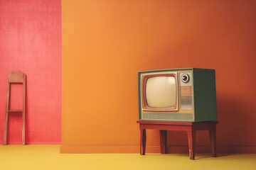 Retro old television on background. 90's concepts. Vintage style filtered photo.