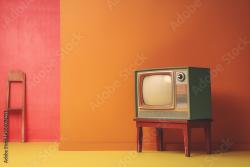 Retro old television on background. 90's concepts. Vintage style filtered photo.