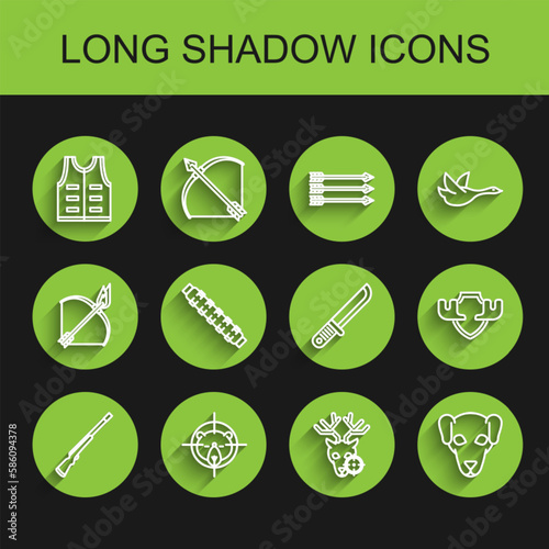 Set line Hunting gun, on bear with crosshairs, jacket, deer, dog, cartridge belt cartridges, Moose horns shield and Hunter knife icon. Vector