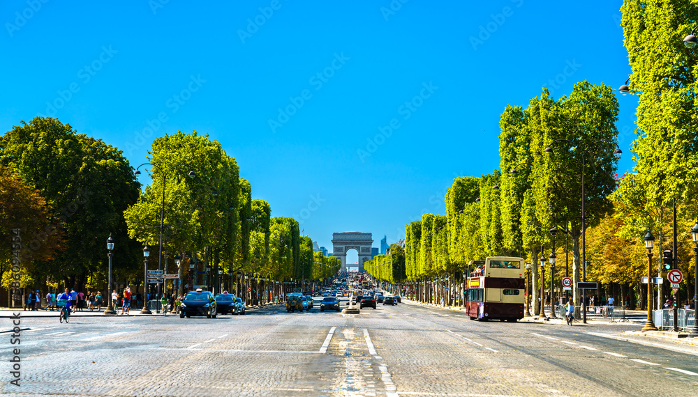 Avenue des Champs Elysees in Paris, France, view towards the Arc