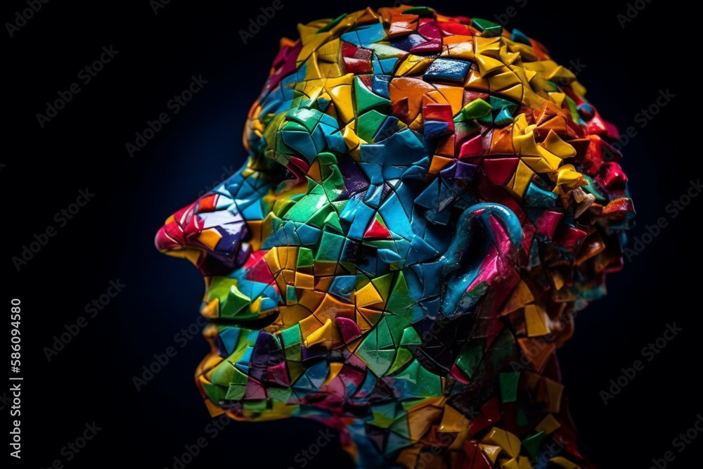 Face made of colorful puzzle pieces, representing fresh ideas and the process of finding solutions and answers. Ai generated

