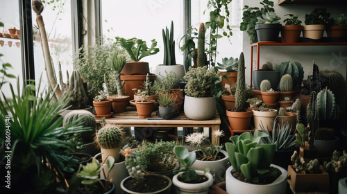 Wooden shelf with different plants on top, home jungle © Valentin