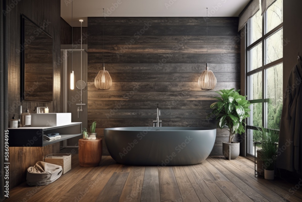 spacious bathroom with a wooden bathtub and rustic walls created with Generative AI technology spacious bathroom with a wooden bathtub and rustic walls created with Generative AI technology