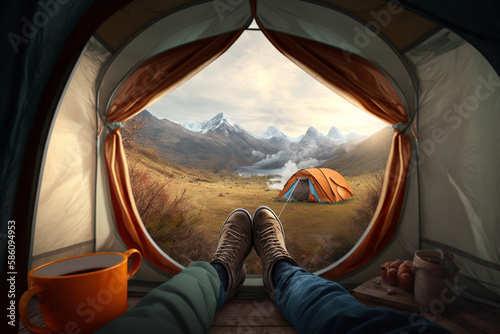 Beautiful scenery as viewed from inside a cozy tent, with feet sticking out and a cup of hot beverage in hand. Ai generated