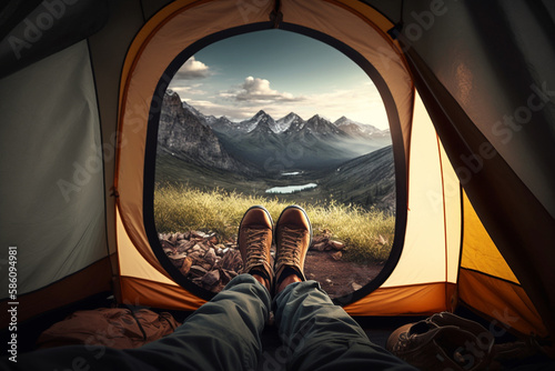 Beautiful scenery as viewed from inside a cozy tent, with feet sticking out and a cup of hot beverage in hand. Ai generated