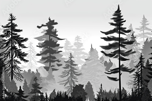 Wallpaper black coniferous forest in black on the white background  landscape illustration. generative AI.