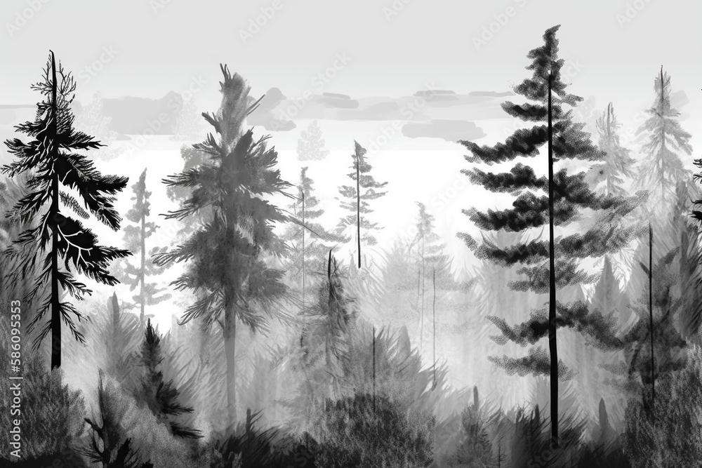 Obraz premium Horizontal wallpaper black coniferous forest in black on the white background, landscape illustration. generative AI.