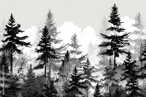 Horizontal wallpaper black coniferous forest in black on the white background, landscape illustration. generative AI.