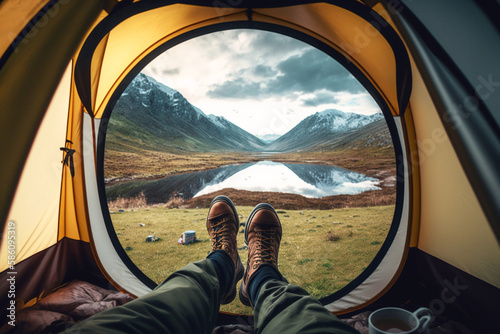 Beautiful scenery as viewed from inside a cozy tent, with feet sticking out and a cup of hot beverage in hand. Ai generated