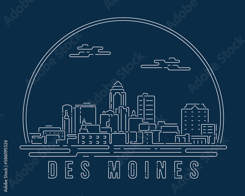 Des Moines - Cityscape with white abstract line corner curve modern style on dark blue background, building skyline city vector illustration design