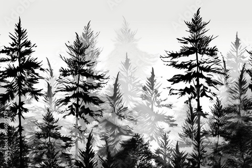 Horizontal wallpaper black coniferous forest in black on the white background, landscape illustration. generative AI.