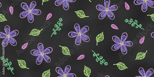Seamless Pattern of Chalk Drawn Sketches Violet Flowers on Chalkboard Backdrop.