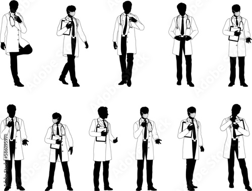 Silhouette doctor men medical healthcare people in lab coats. Some holding a clipboard or wearing PPE masks.