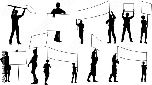 Protestors or demonstrators men and women. At a demonstration march, picketing line or strike protest rally in silhouette. Holding banners, picket signs and megaphone or mega phone.