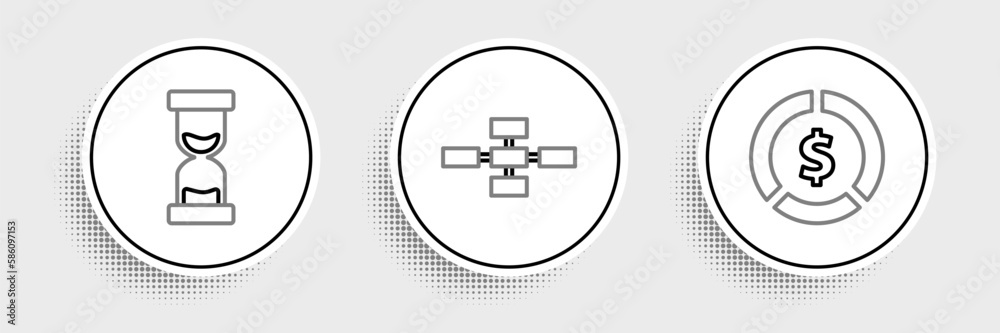 Set line Coin money with dollar symbol, Old hourglass flowing sand and Business hierarchy organogram chart infographics icon. Vector