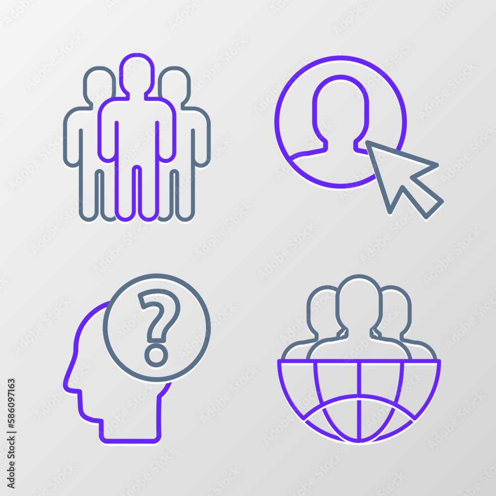 Fototapeta premium Set line Globe and people, Human head with question mark, User of in business suit and Users group icon. Vector