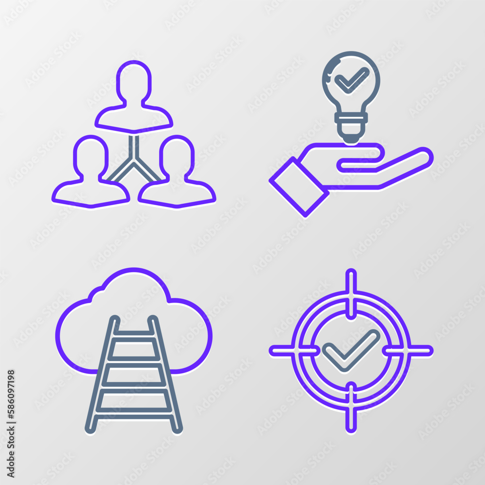 Set line Target and check mark, Ladder leading to cloud, Light bulb hand and Project team base icon. Vector Set line Target and check mark, Ladder leading to cloud, Light bulb hand and Project team base icon. Vector