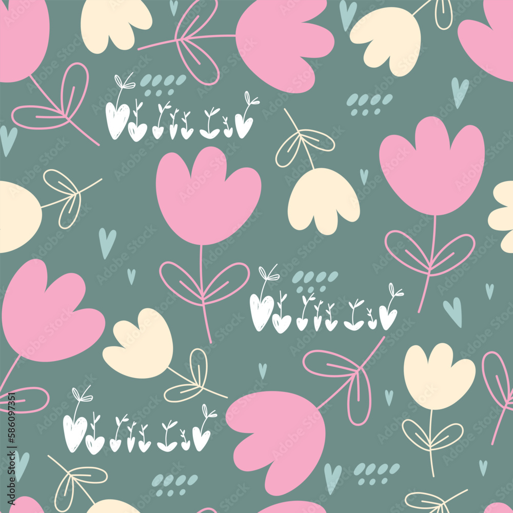 flower and heart seamless background. Vector illustration.