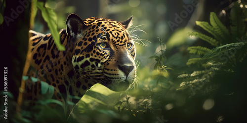 Majestic Jaguar in the Jungle  Beautiful Wildlife Photography. Generative AI.