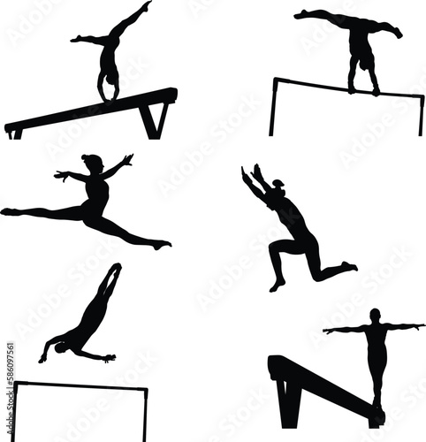 set female athletes gymnastics silhouette exercise balance beam, uneven bars, floor on white background, sports vector illustration, world championship