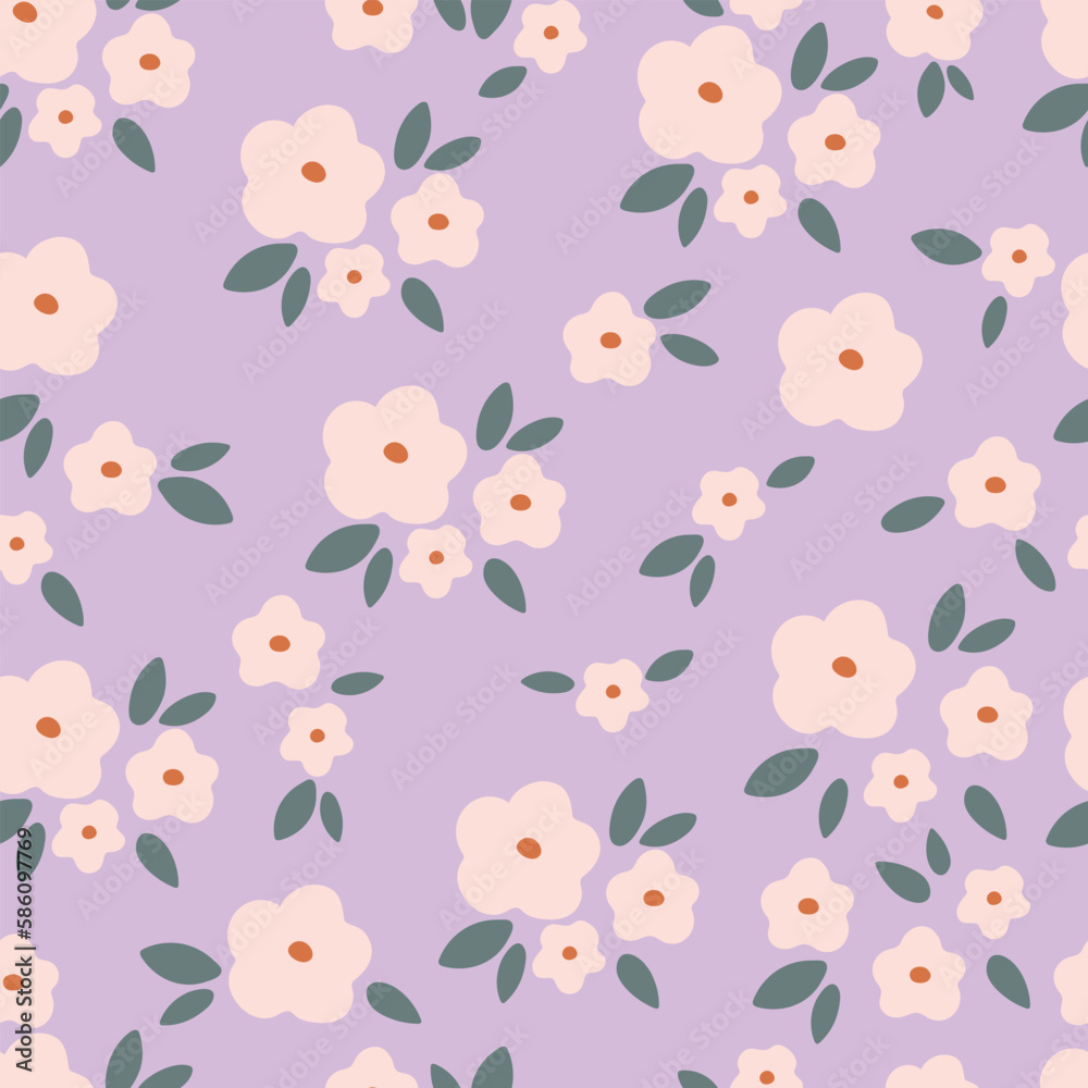Seamless small white flower field on purple vector background. Cute floral pattern.