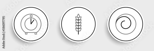 Set line Roll bun with cinnamon, Kitchen timer and Cereals rice, wheat, corn, oats, rye icon. Vector