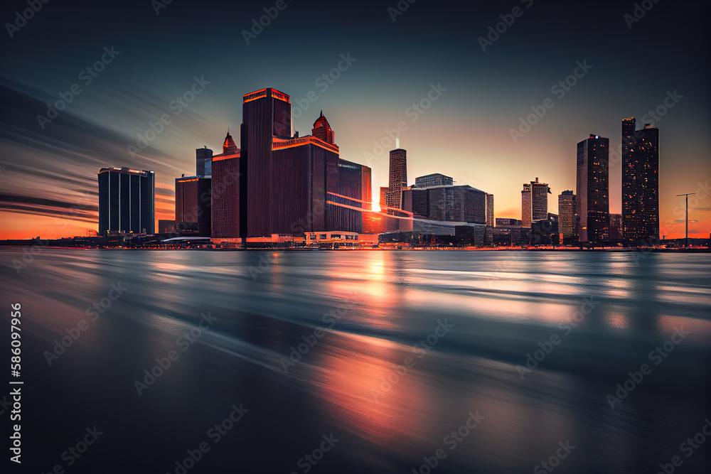 Obraz premium Detroit skyline at night. Generative Ai