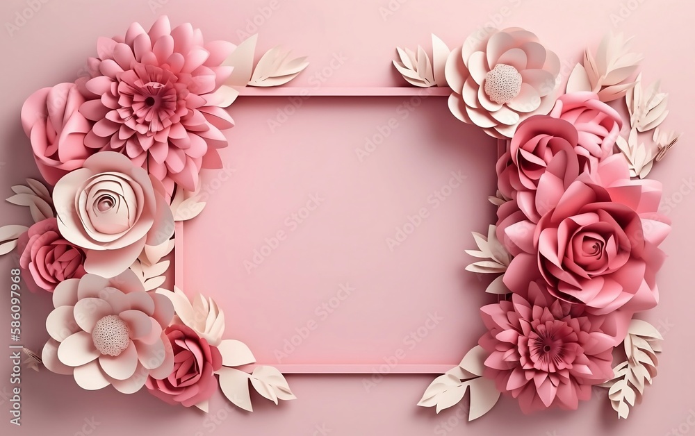 Frame with pink and white flowers. Generative AI technology.