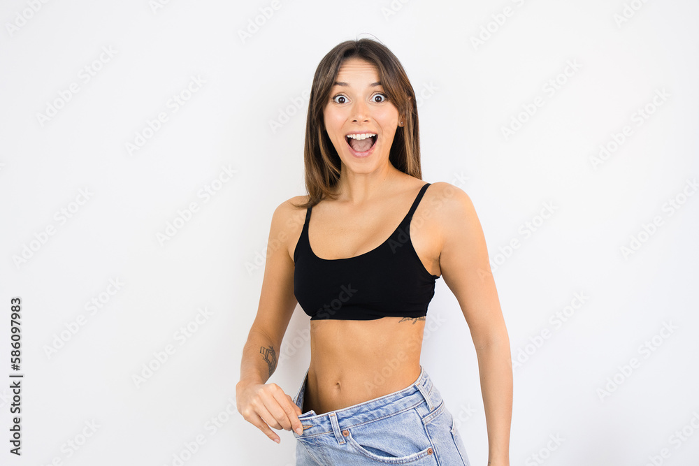 Happy Woman Weight Loss Wearing Old Pair of Jeans Too Big Thin Waist Slim Female Body Happy Woman Weight Loss Wearing Old Pair of Jeans Too Big Thin Waist Slim Female Body