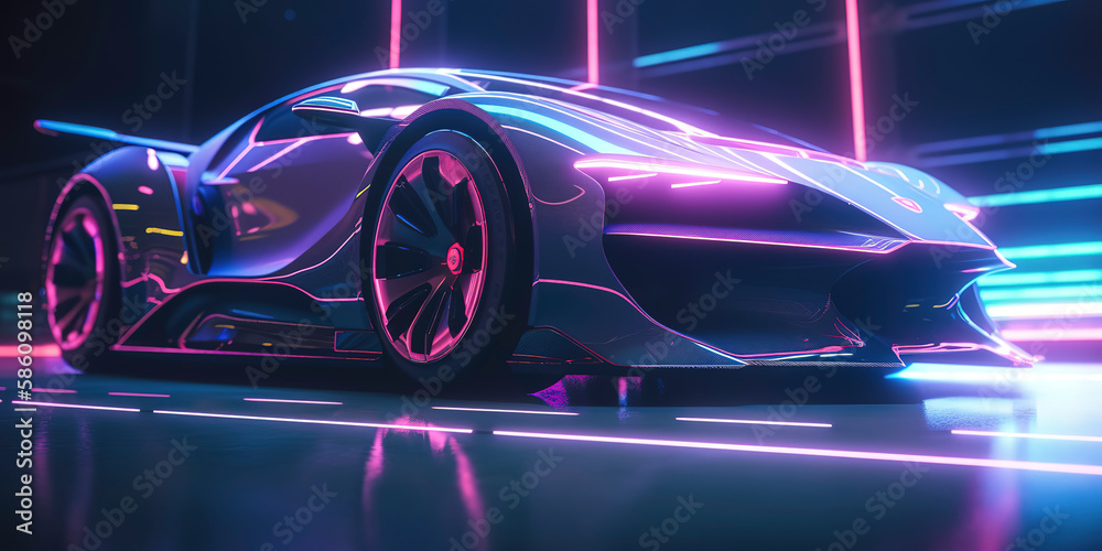 Sleek and Stylish: Highly Detailed Photography of a Futuristic Supercar in Blacklight. Generative AI