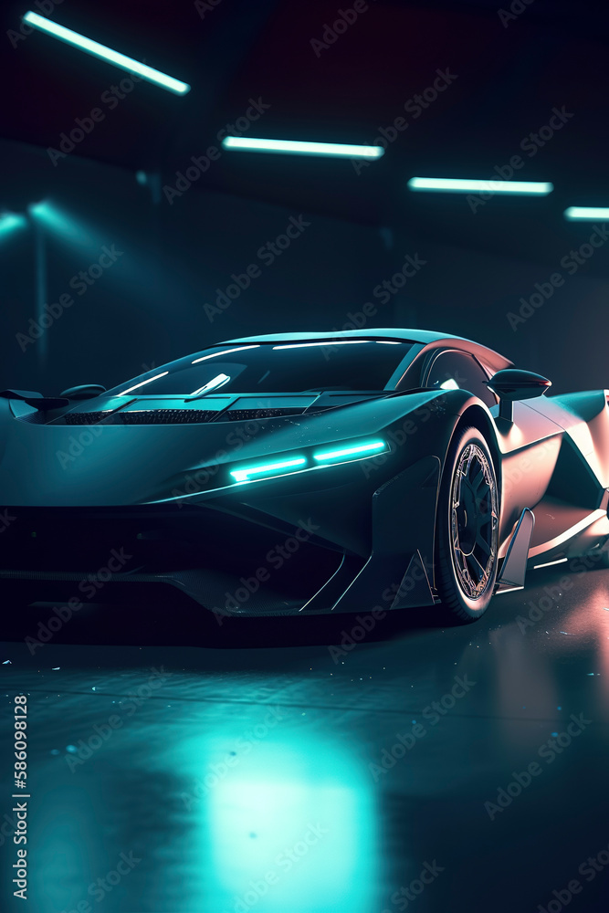 Speed Demons: Highly Detailed Photography of a Futuristic Blacklight Supercar. Generative AI