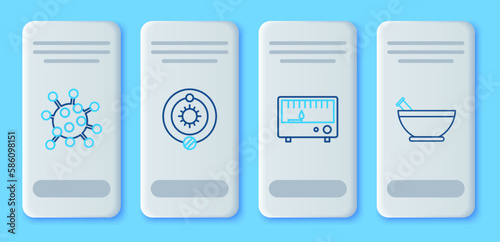 Set line Solar system, Electrical measuring instruments, Bacteria and Mortar and pestle icon. Vector