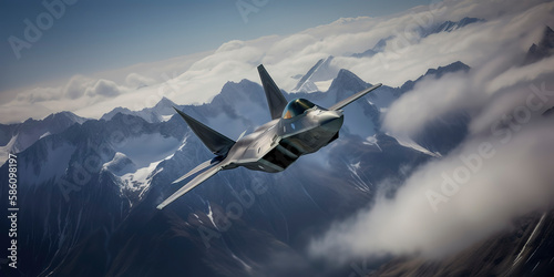 Breaking Barriers: Beautiful Photography of a Lockheed Martin F-22 Sonic Boom over Swiss Alps. Generative AI