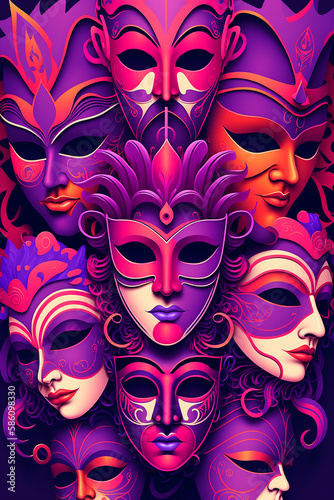 luxurious carnival masks with feathers of different colors in Venetian style. Abstract blurred background, gold dust, carnival holiday. Generative AI.
