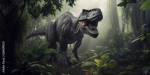 T-Rex Rampage: Beautiful Photography of a Furious T-Rex in the Jungle. Generative AI © Lemart