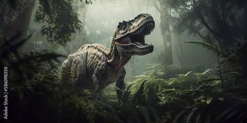 Furious T-Rex  Beautiful Photography of a Big T-Rex in the Jungle. Generative AI