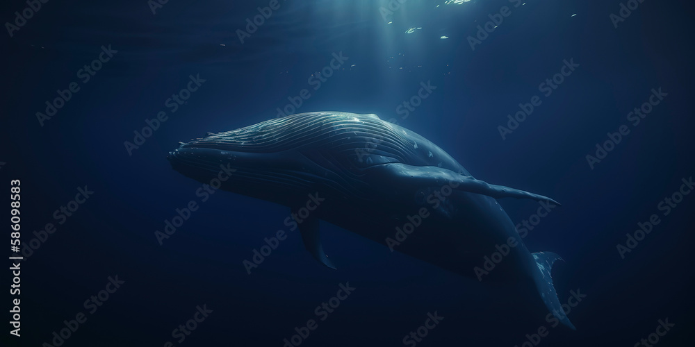 Fototapeta premium Cinematic view of a magnificent blue whale. Generative AI