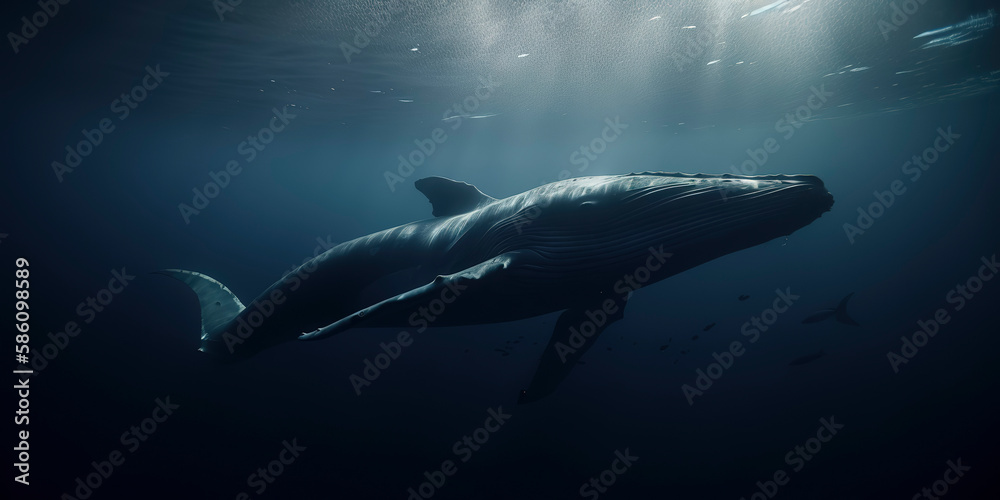 Cinematic portrayal of a graceful blue whale. Generative AI