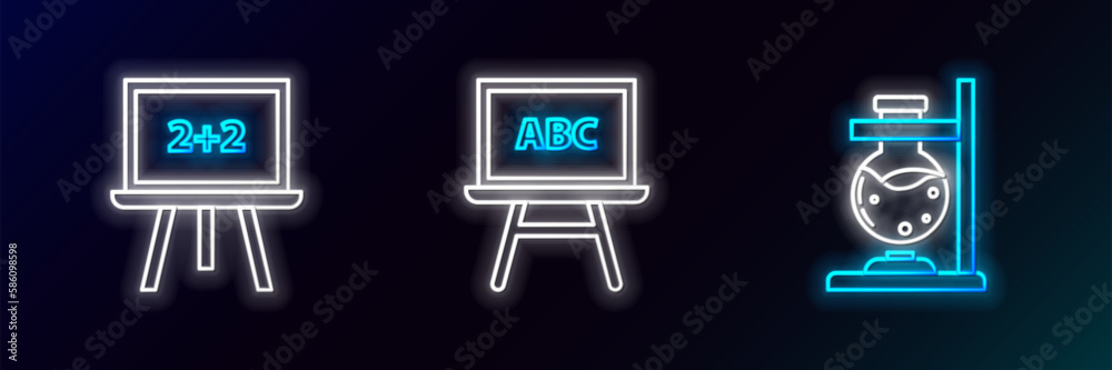 Set line Glass test tube flask on fire, Chalkboard and icon. Glowing neon. Vector Set line Glass test tube flask on fire, Chalkboard and icon. Glowing neon. Vector