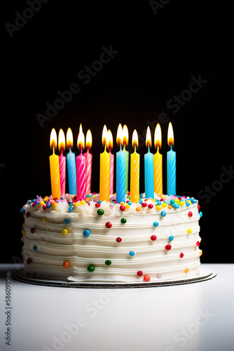 Cheerful birthday cake featuring colorful candles. Generative AI