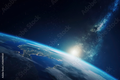 Space view of blue sunrise on Earth, framed by Milky Way. Generative AI