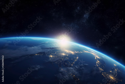 Blue sunrise  Earth view from space  Milky Way galaxy backdrop. Generative AI