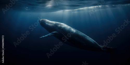 Blue whale showcased in a dramatic cinematic frame. Generative AI