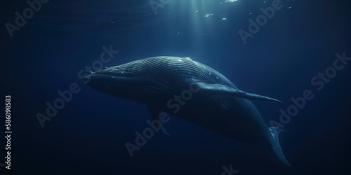 Cinematic view of a magnificent blue whale. Generative AI