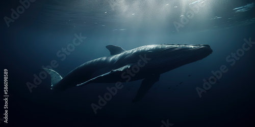 Cinematic portrayal of a graceful blue whale. Generative AI