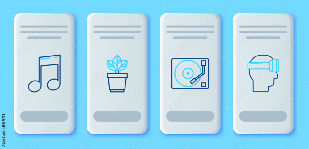 Set line Flowers in pot, Vinyl player with a vinyl disk, Music note, tone and Virtual reality glasses icon. Vector