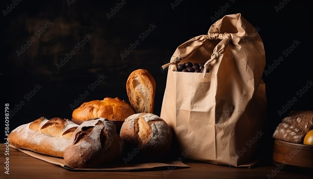 Paper bag with bread and basket of pastry. Generative ai